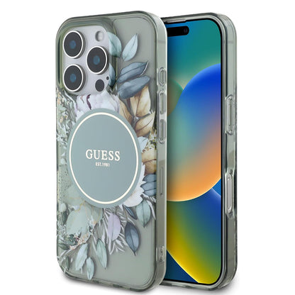 Ovitek MagSafe za Apple iPhone 16 Pro, Guess, IML Flower & Tonal Circle, zelen