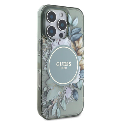 Ovitek MagSafe za Apple iPhone 16 Pro, Guess, IML Flower & Tonal Circle, zelen