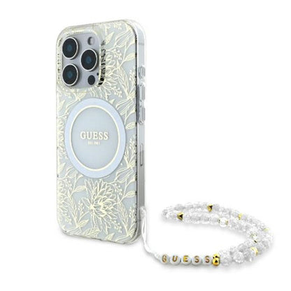 Ovitek MagSafe za Apple iPhone 16 Pro, Guess, IML Flowers Allover Electroplated with Pearl Strap, Bela