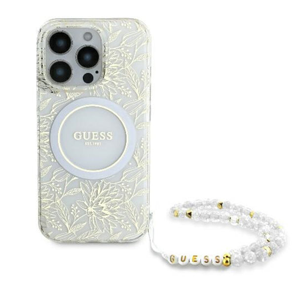 Ovitek MagSafe za Apple iPhone 16 Pro, Guess, IML Flowers Allover Electroplated with Pearl Strap, Bela