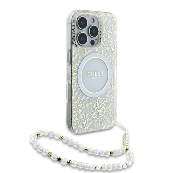 Ovitek MagSafe za Apple iPhone 16 Pro, Guess, IML Flowers Allover Electroplated with Pearl Strap, Bela