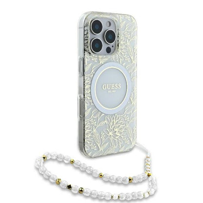 Ovitek MagSafe za Apple iPhone 16 Pro, Guess, IML Flowers Allover Electroplated with Pearl Strap, Bela