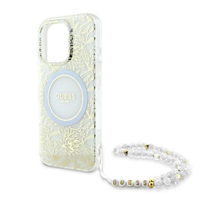 Ovitek MagSafe za Apple iPhone 16 Pro, Guess, IML Flowers Allover Electroplated with Pearl Strap, Bela