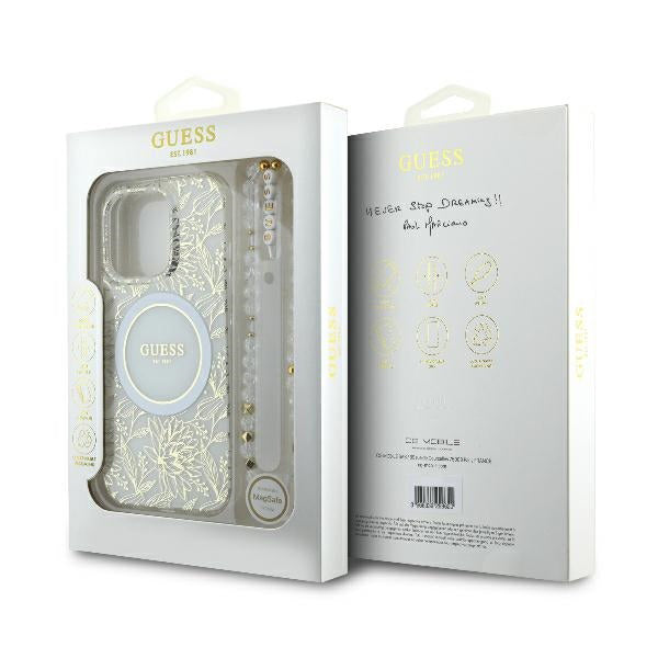Ovitek MagSafe za Apple iPhone 16 Pro, Guess, IML Flowers Allover Electroplated with Pearl Strap, Bela