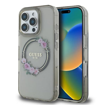 MagSafe ovitek za Apple iPhone 16 Pro, Guess, IML Flowers Wreath, črna