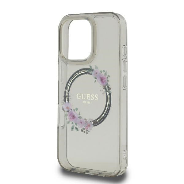 MagSafe ovitek za Apple iPhone 16 Pro, Guess, IML Flowers Wreath, črna