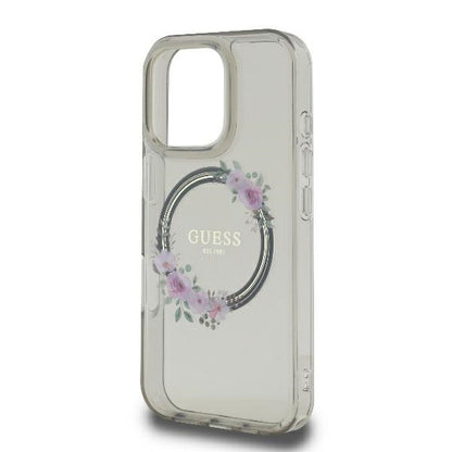 MagSafe ovitek za Apple iPhone 16 Pro, Guess, IML Flowers Wreath, črna