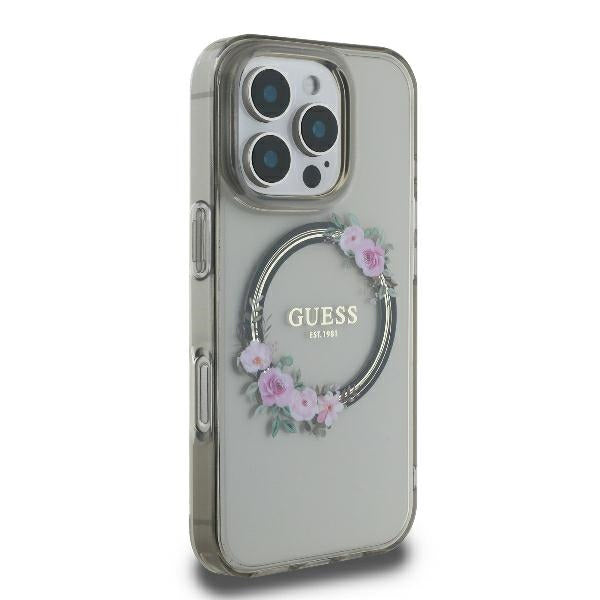 MagSafe ovitek za Apple iPhone 16 Pro, Guess, IML Flowers Wreath, črna
