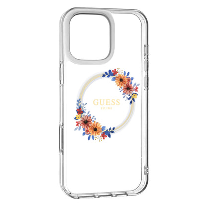 Ovitek MagSafe za Apple iPhone 16 Pro, Guess, IML Flowers Wreath, Prozoren