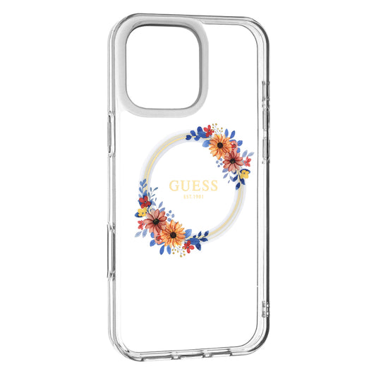Ovitek MagSafe za Apple iPhone 16 Pro, Guess, IML Flowers Wreath, Prozoren