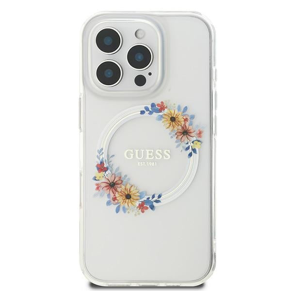 Ovitek MagSafe za Apple iPhone 16 Pro, Guess, IML Flowers Wreath, Prozoren