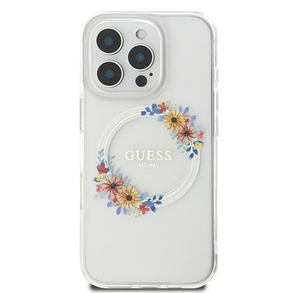 Ovitek MagSafe za Apple iPhone 16 Pro, Guess, IML Flowers Wreath, Prozoren