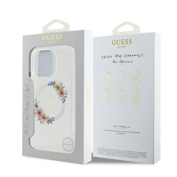 Ovitek MagSafe za Apple iPhone 16 Pro, Guess, IML Flowers Wreath, Prozoren