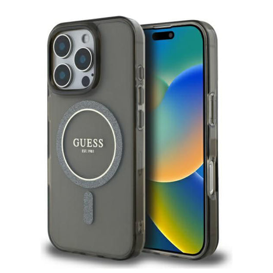 Ovitek MagSafe za Apple iPhone 16 Pro, Guess, IML Glitter Ring, črn