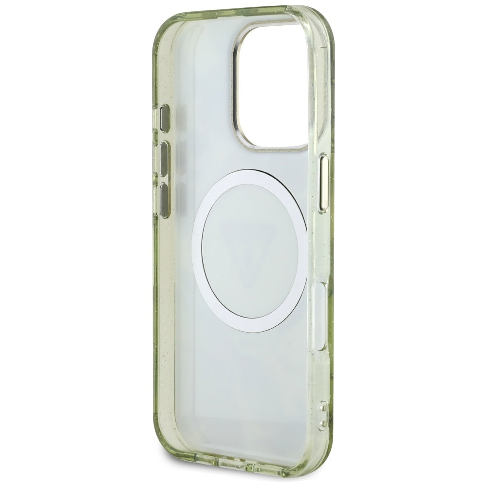 Ovitek MagSafe za Apple iPhone 16 Pro, Guess, IML Metal Glitter Flowers Triangle, Zelen