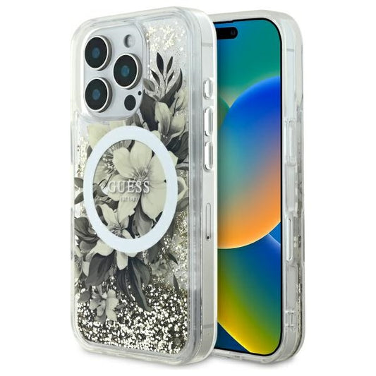 Ovitek MagSafe za Apple iPhone 16 Pro, Guess, Liquid Glitter Flower, Bež