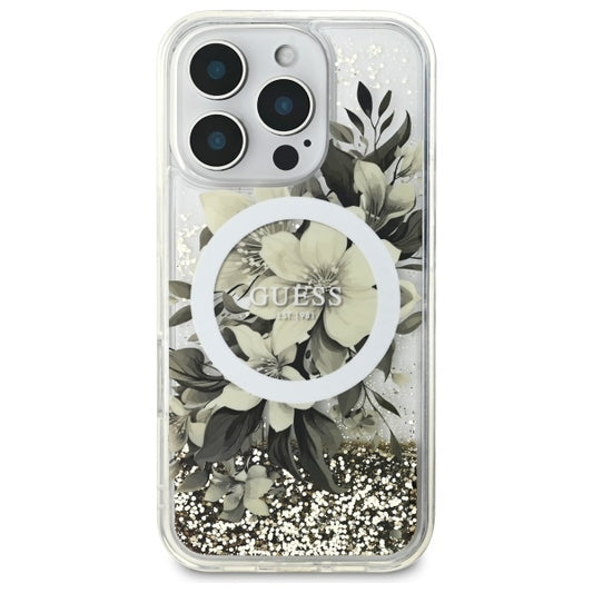 Ovitek MagSafe za Apple iPhone 16 Pro, Guess, Liquid Glitter Flower, Bež
