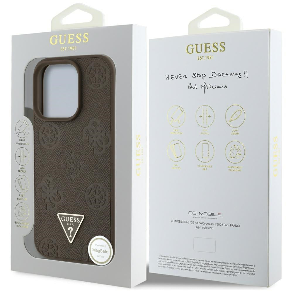 Ovitek MagSafe za Apple iPhone 16 Pro, Guess, Peony Grained Hot Stamp Triangle, Rjava
