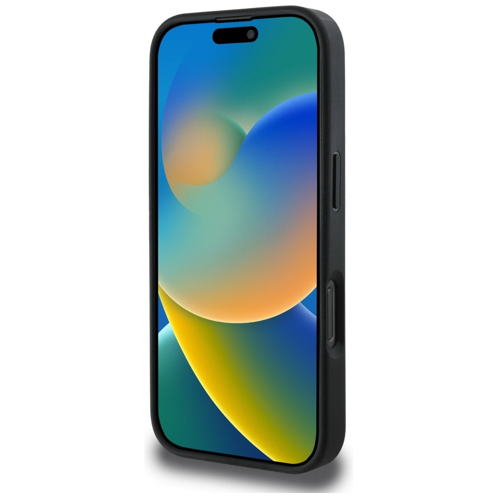 MagSafe ovitek za Apple iPhone 16 Pro, Guess, Peony Grained Hot Stamp Triangle, črn