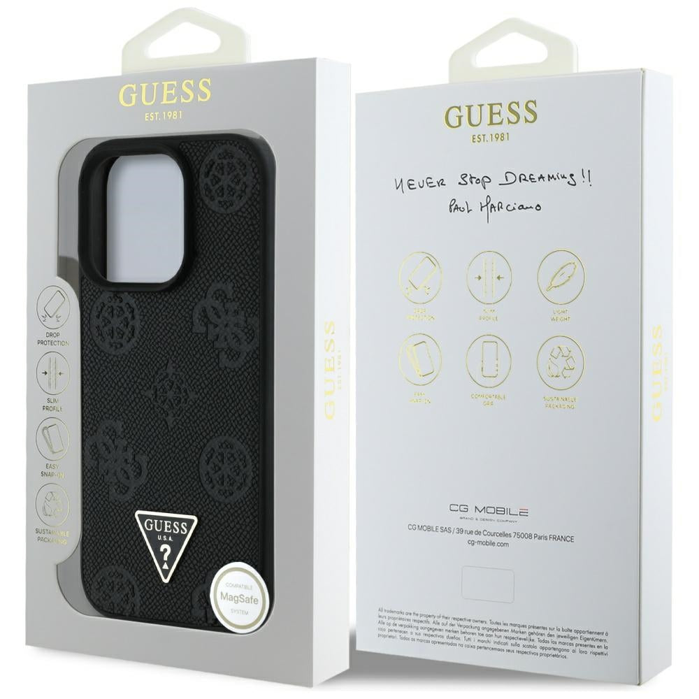 MagSafe ovitek za Apple iPhone 16 Pro, Guess, Peony Grained Hot Stamp Triangle, črn