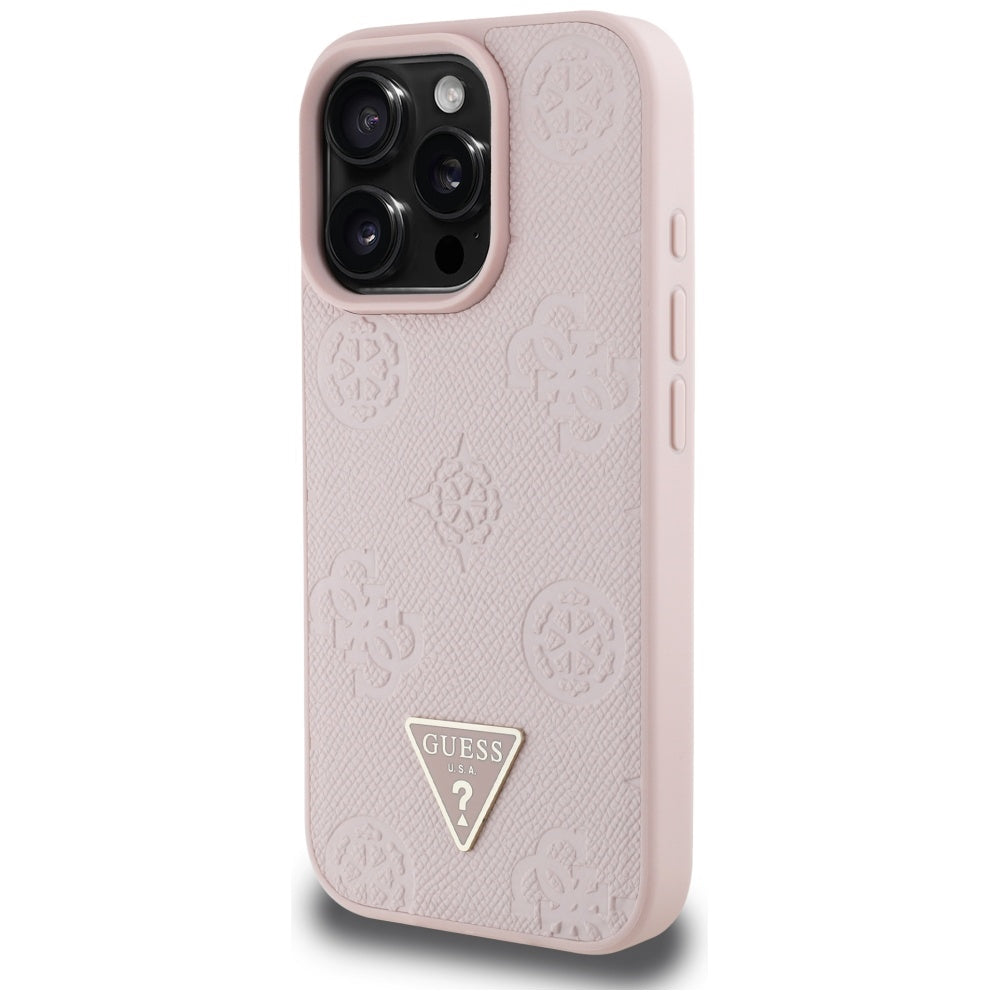 MagSafe ovitek za Apple iPhone 16 Pro, Guess, Peony Grained Hot Stamp Triangle, Roza