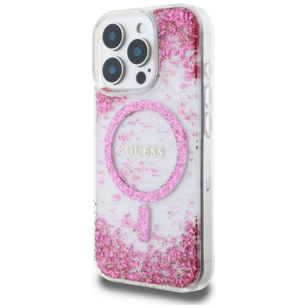 Ovitek MagSafe za Apple iPhone 16 Pro, Guess, Resin Bottom Glitter, Roza