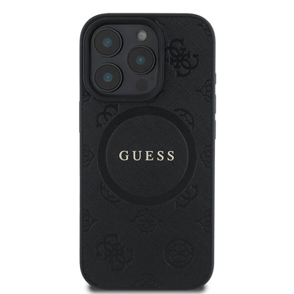 Ovitek MagSafe za Apple iPhone 16 Pro, Guess, Saffiano Peony Classic Logo, črn