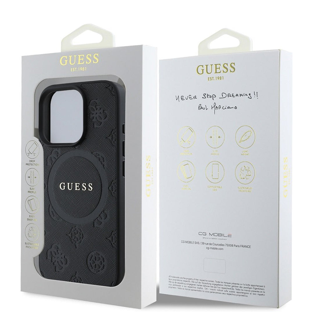 Ovitek MagSafe za Apple iPhone 16 Pro, Guess, Saffiano Peony Classic Logo, črn