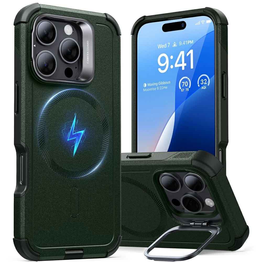 MagSafe Case for Apple iPhone 16 Pro Max, ESR, Cyber Armor Kickstand, Green