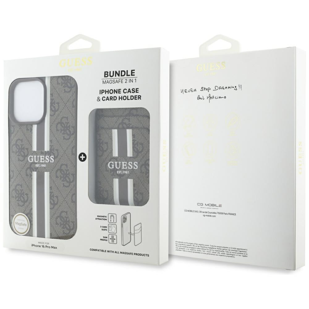Ovitek MagSafe za Apple iPhone 16 Pro Max, Guess, Cardslot 4G Stripes, rjava
