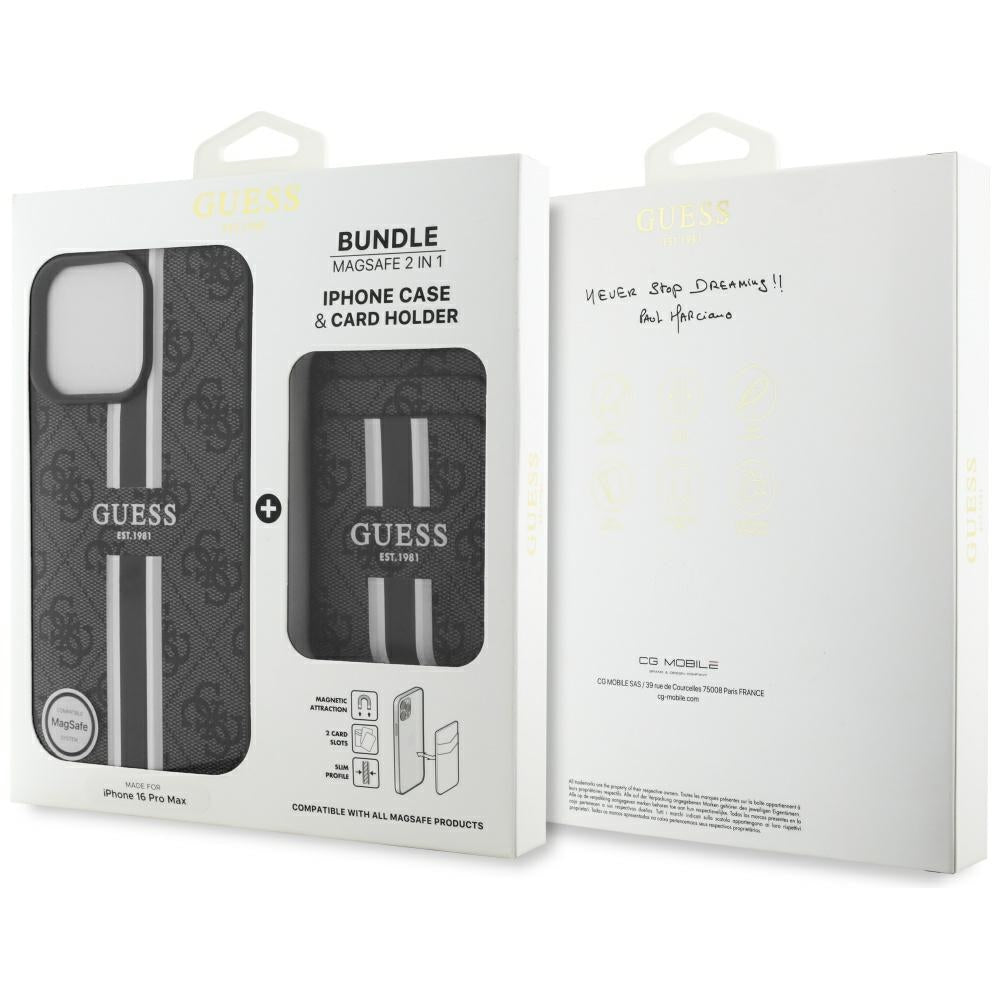 Ovitek MagSafe za Apple iPhone 16 Pro Max, Guess, Cardslot 4G Stripes, Črn