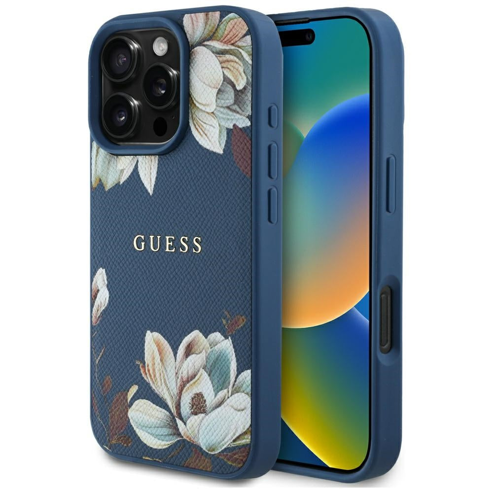 Ovitek MagSafe za Apple iPhone 16 Pro Max, Guess, Grained Flowers, Modra