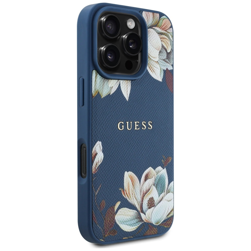 Ovitek MagSafe za Apple iPhone 16 Pro Max, Guess, Grained Flowers, Modra