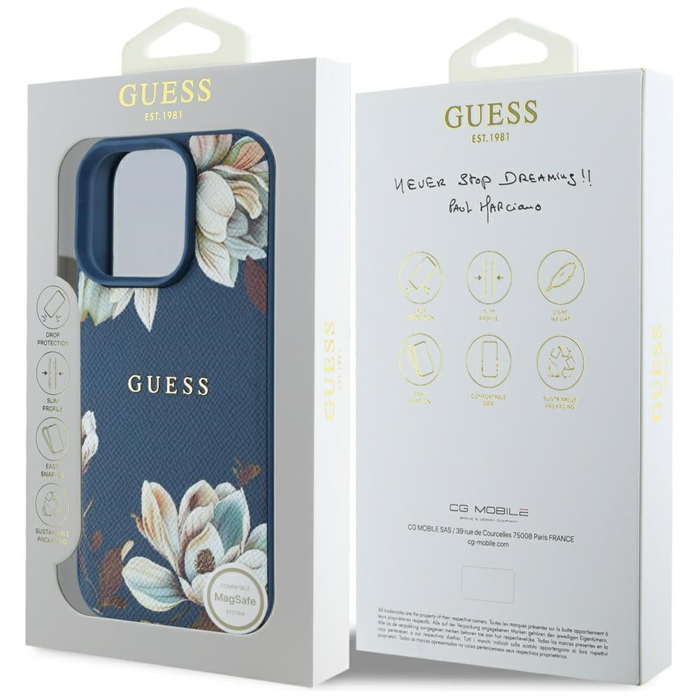 Ovitek MagSafe za Apple iPhone 16 Pro Max, Guess, Grained Flowers, Modra