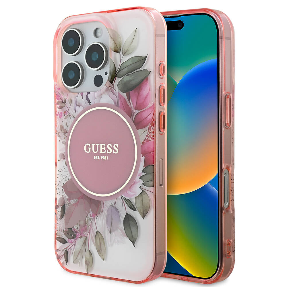 Ovitek MagSafe za Apple iPhone 16 Pro Max, Guess, IML Flower & Tonal Circle, Roza
