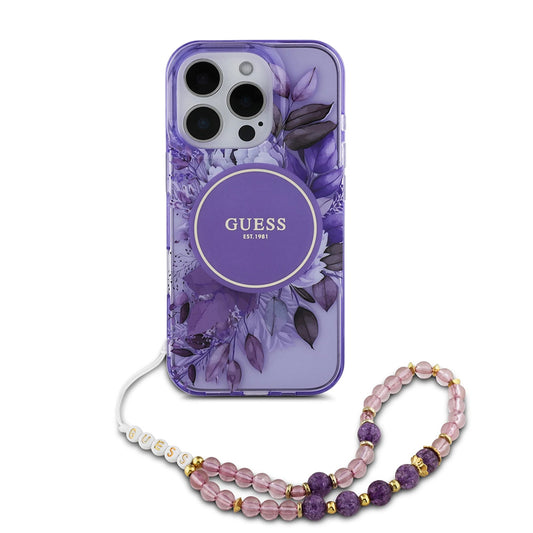Ovitek MagSafe za Apple iPhone 16 Pro Max, Guess, IML Flowers with Pearl Strap, Vijolična