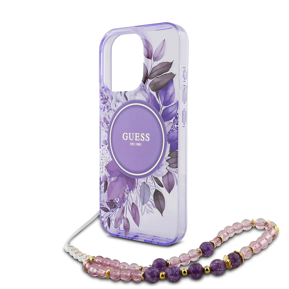 Ovitek MagSafe za Apple iPhone 16 Pro Max, Guess, IML Flowers with Pearl Strap, Vijolična