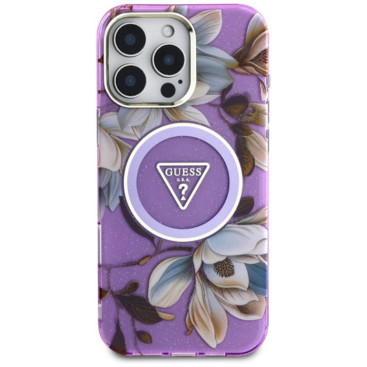Ovitek MagSafe za Apple iPhone 16 Pro Max, Guess, IML Metal Glitter Flowers Triangle, Vijolična