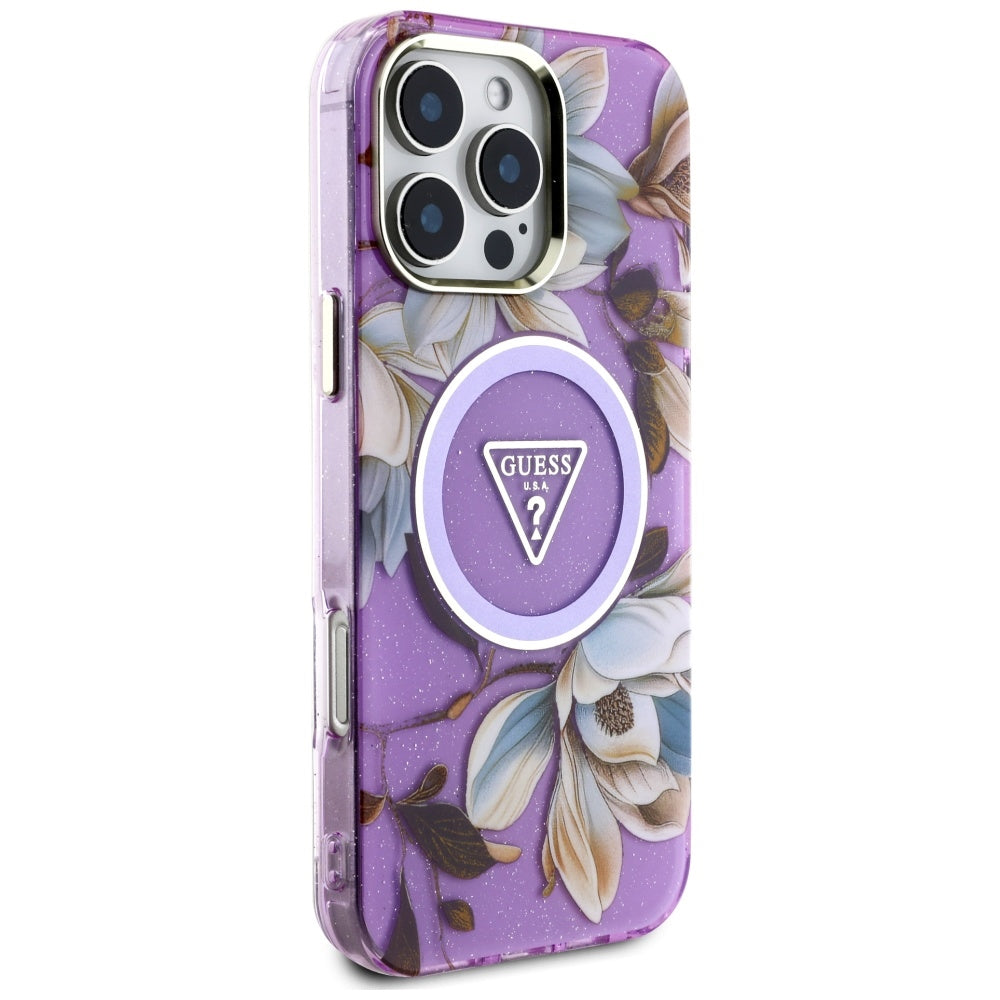 Ovitek MagSafe za Apple iPhone 16 Pro Max, Guess, IML Metal Glitter Flowers Triangle, Vijolična