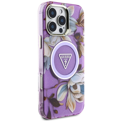 Ovitek MagSafe za Apple iPhone 16 Pro Max, Guess, IML Metal Glitter Flowers Triangle, Vijolična