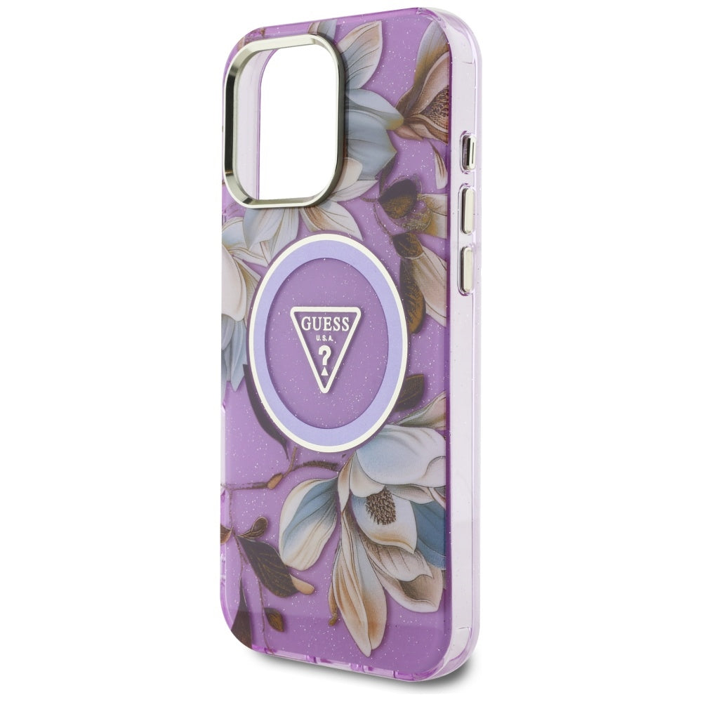 Ovitek MagSafe za Apple iPhone 16 Pro Max, Guess, IML Metal Glitter Flowers Triangle, Vijolična