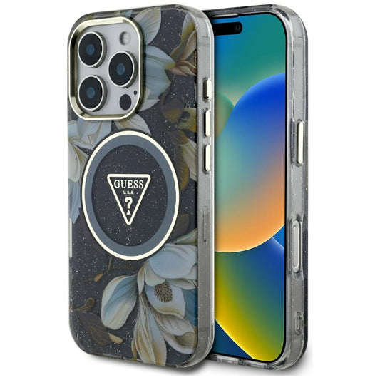 Ovitek MagSafe za Apple iPhone 16 Pro Max, Guess, IML Metal Glitter Flowers Triangle, črn