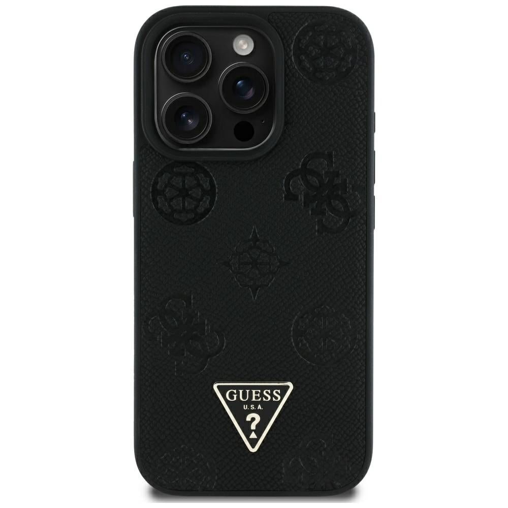 MagSafe ovitek za Apple iPhone 16 Pro Max, Guess, Peony Grained Hot Stamp Triangle, črn