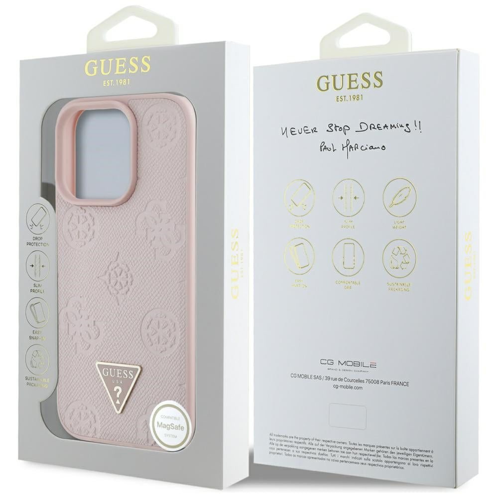 MagSafe ovitek za Apple iPhone 16 Pro Max, Guess, Peony Grained Hot Stamp Triangle, Roza