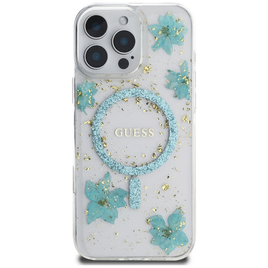Ovitek MagSafe za Apple iPhone 16 Pro Max, Guess, Resin Flowers and Glitter, Turkizna