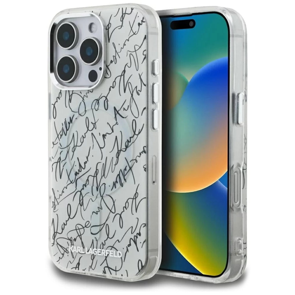 Ovitek MagSafe za Apple iPhone 16 Pro Max, Karl Lagerfeld, IML Karl Script Pattern, Bela