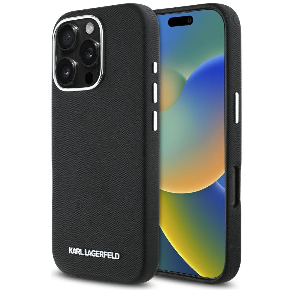 Ovitek MagSafe za Apple iPhone 16 Pro Max, Karl Lagerfeld, Saffiano Full Wrapped Elongated Metal Logo, črn