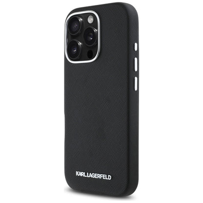 Ovitek MagSafe za Apple iPhone 16 Pro Max, Karl Lagerfeld, Saffiano Full Wrapped Elongated Metal Logo, črn