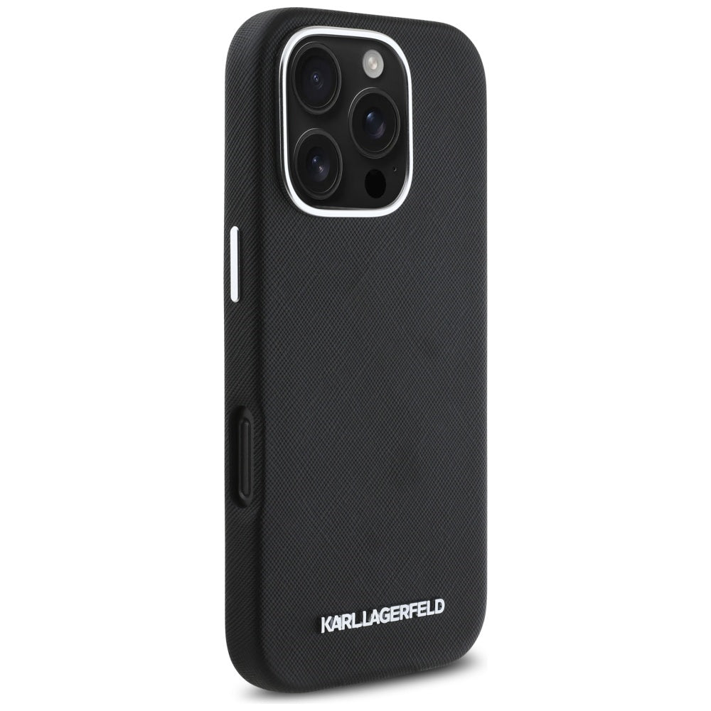 Ovitek MagSafe za Apple iPhone 16 Pro Max, Karl Lagerfeld, Saffiano Full Wrapped Elongated Metal Logo, črn