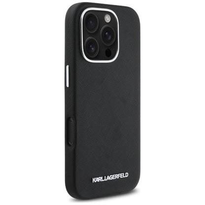 Ovitek MagSafe za Apple iPhone 16 Pro Max, Karl Lagerfeld, Saffiano Full Wrapped Elongated Metal Logo, črn